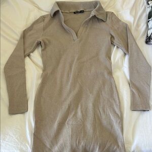 Beige Long Sleeve Collared Dress